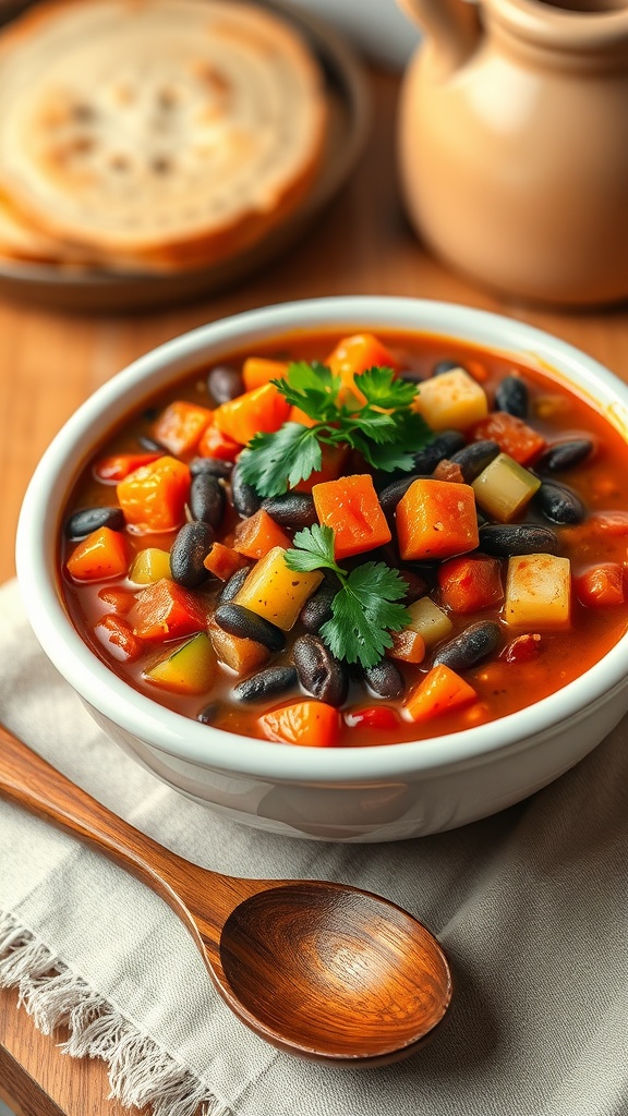 A bowl of hearty bean stew with black beans, carrots, zucchini, and cilantro on a wooden table.